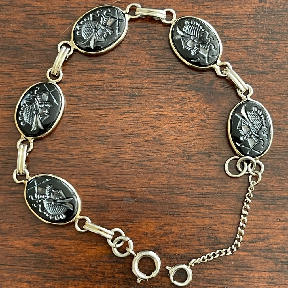 Imitation hematite carved Roman soldier silver tone adjustable bangle bracelet - Picture 7 of 7